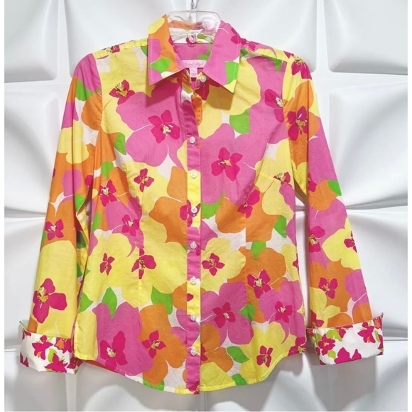 Lilly Pulitzer Sz 2 Floral Print Button Down Front Shirt xs Hottie Pink Punch - Picture 1 of 5